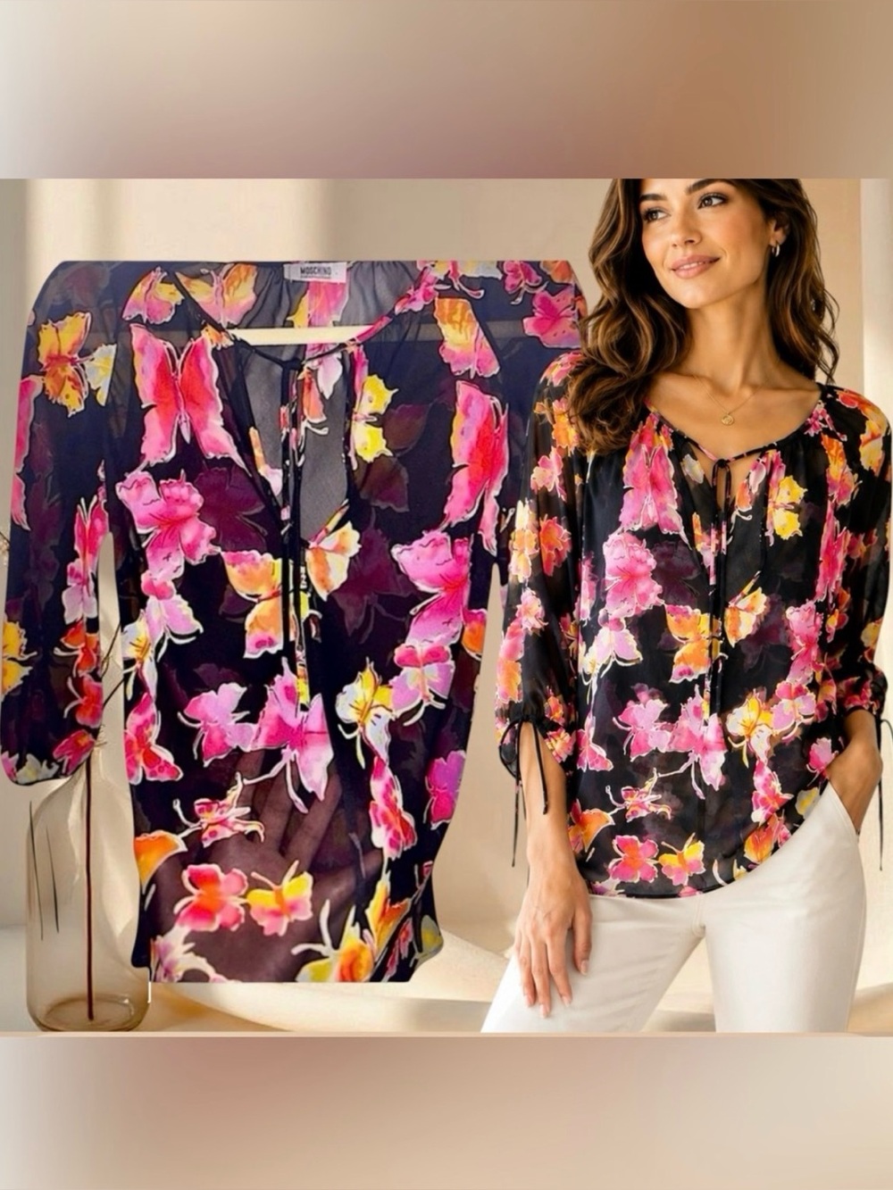 Vintage Moschino Butterfly Print Sheer Blouse Black Pink Y2K Chiffon Top